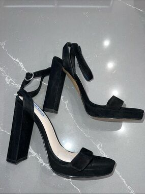 STEVE MADDEN Black Suede Platform Block Heel Sandals with Ankle Strap US 8.5
